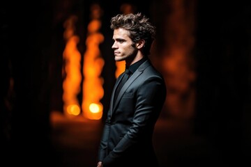 Obraz premium Young caucasian male in black suit with dramatic lighting at night