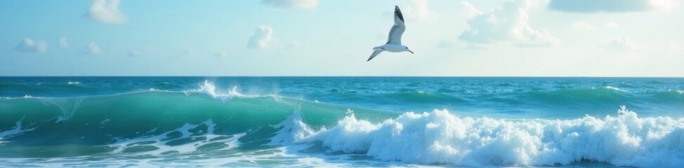 Fototapeta premium A serene ocean scene with a single seagull soaring in the air amidst waves, wildlife, water