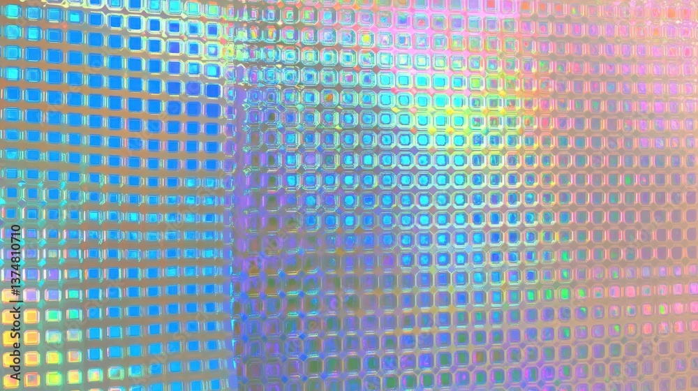 Poster holographic rounded square surface generating iridescent gradient pattern, transitioning between blu