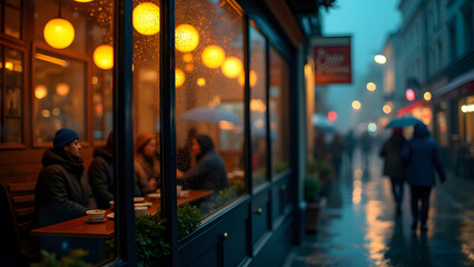 Obraz premium A rainy café scene viewed through water-streaked glass. A single droplet perfectly distorts an intimate moment inside, turning patrons into abstract color fields.