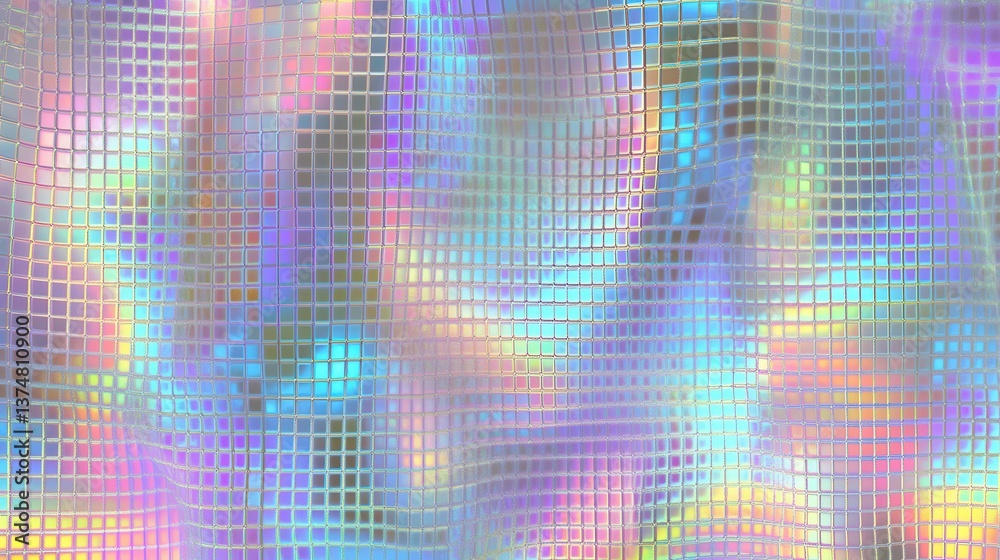 Poster pixelated surface revealing wavy, iridescent pattern with vibrant color shifts, generating dynamic a