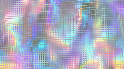 Pixelated surface revealing wavy, iridescent pattern with vibrant color shifts, generating dynamic abstract background with shimmering color transitions