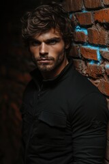 Fototapeta premium Mysterious young caucasian male in urban brick alley at night