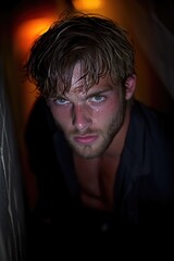 Obraz premium Intense young caucasian male in dim lighting with wet hair and intense gaze