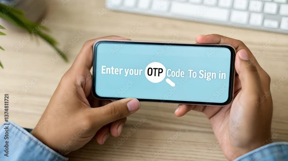 Poster Person holding a smartphone displaying an otp code request near a keyboard and plant pot