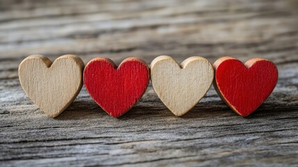 Obraz premium Wooden hearts in red and beige carefully lined up on rustic surface, symbolizing romantic connection and tender emotions of valentine's day