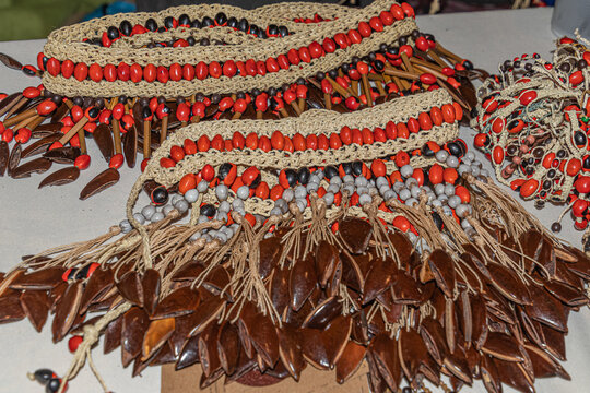Botanical belt as part of dress made by Quechua women from the Ecuadorian Amazon region, Pastaza province, from the seeds of various plants such as Jequirity Gunja and others