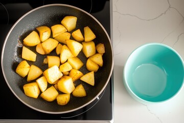 Frying pan with golden potatoes and empty blue bowl on marble countertop