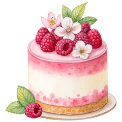 Raspberry portioned mini cheesecake decorated flowers. Watercolor isolated food illustration.