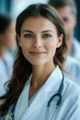 Woman in white coat smiling at camera