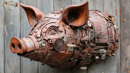 Recycled Pig Sculpture: A pig head sculpture made from upcycled metal parts. 