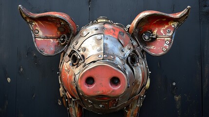 Recycled Pig Sculpture: A pig head sculpture made from upcycled metal parts. 