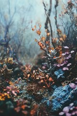Fototapeta premium Colorful coral and seaweed beneath water surface, marine life habitat.