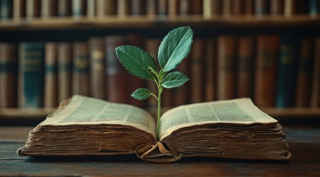 A book lies open on a wooden table, showcasing a fresh green sprout growing from its pages amidst a backdrop of vintage bookshelves
