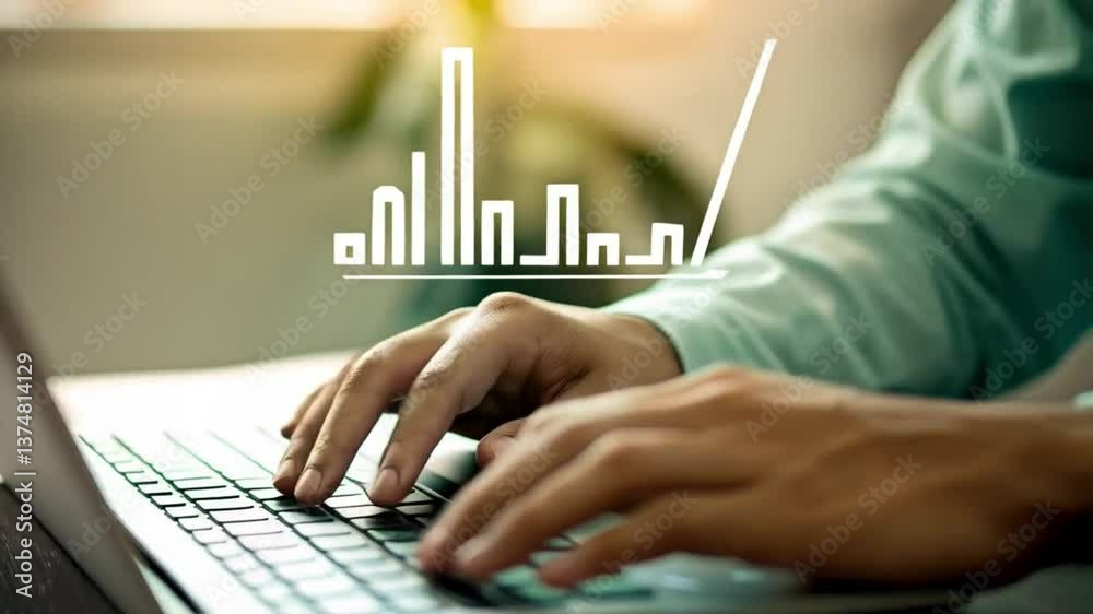 Poster Man typing on laptop with growth chart and year projected for twenty twenty five overlayed image