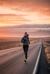 A female jogger trains on an empty road as the sun rises, casting warm colors across the sky and illuminating distant mountains. Generative AI.