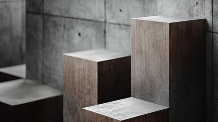 Minimalist wooden cube pedestals ascending in height, presenting geometric staging against rough concrete surface, highlighting design elements with architectural staging