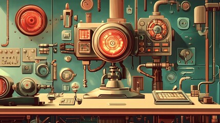 Obraz premium Steampunk Laboratory Machine with Glowing Orb and Gauges Suitable for Editorial Use