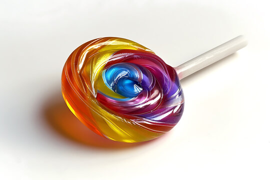 candy photography, a colorful lollipop, mm in diameter, with a rainbow swirl pattern, glossy surface, and a mm smooth white plastic stick, sits on a white backdrop
