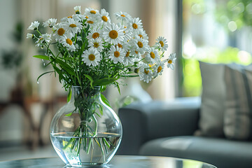 home decor ideas, a transparent vase with white daisies sits on the living room coffee table, adding to the rooms elegant ambiance