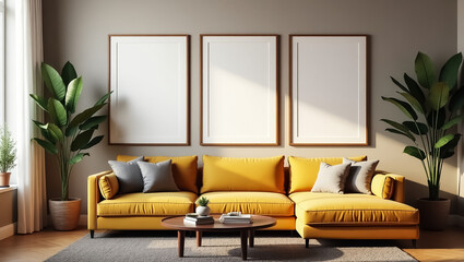 a modern room with three blank posters