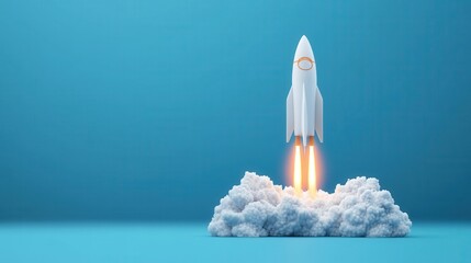 Naklejka premium Futuristic rocket launches into the blue sky, surrounded by fluffy clouds, representing innovation and exploration