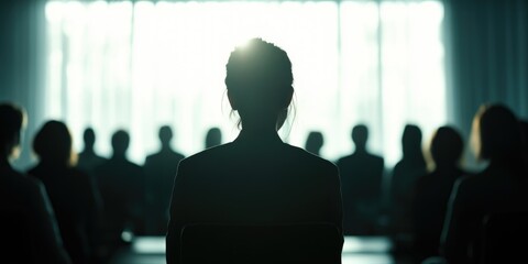 Lady in suit, front of conference room, panelists seated in background.