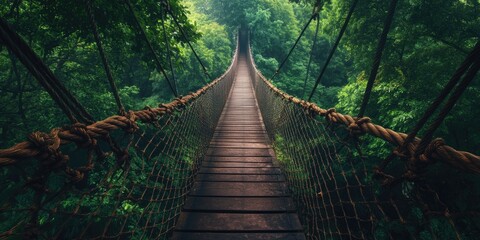 A suspension bridge in a dense jungle, with ropes and wooden planks on its deck. Part of an eco-friendly adventure for nature lovers.