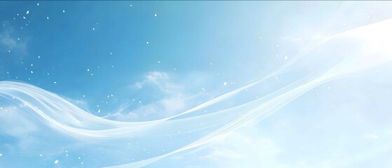 Blue sky background with white lines light effect white transparent waves on the left side of the screen blue sky and white clouds white translucent streamers flyin