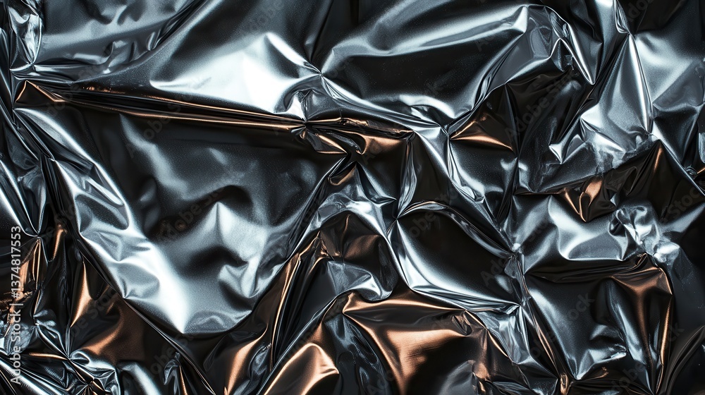 Poster metallic foil surface displaying intricate folding, reflecting dynamic light and shadow patterns, fo