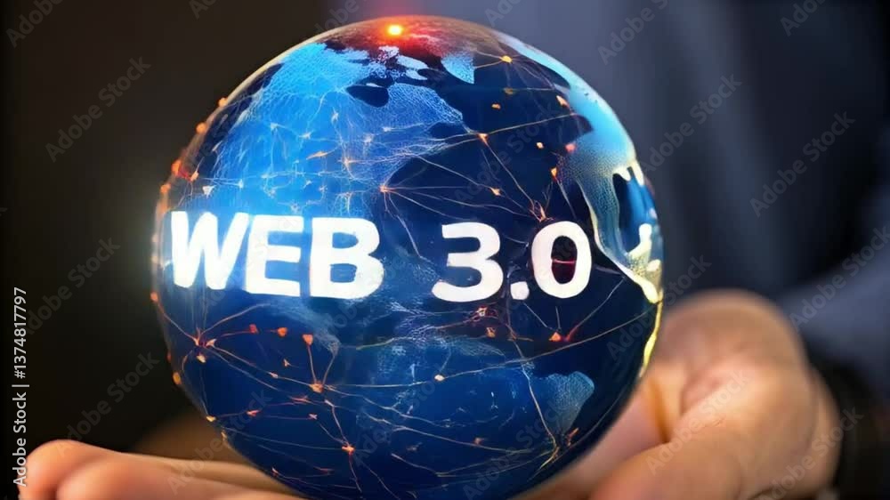 Poster A person holding a web three point oh globe with connected dots in their hand close up view shot