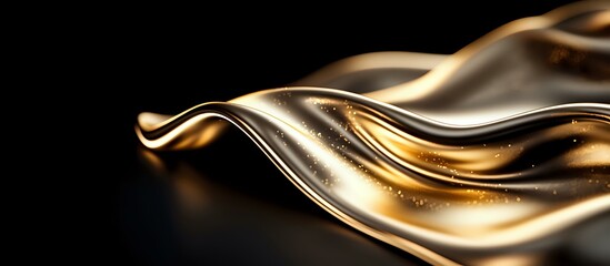 Luxurious flowing gold liquid metal wave on dark background creates elegant abstract design pattern with smooth glossy curves and reflective surface.