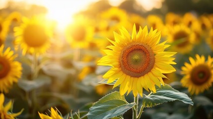 Fototapeta premium Sunflowers in a field at sunset. Golden glow. Vibrant yellows and greens. Nature's beauty. ideal for nature, floral, and summer-themed projects, perfect for botanical prints and warm aesthetic visual.
