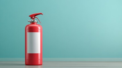 Obraz premium Bright Red Fire Extinguisher on a Modern Teal Background with Space for Text and Branding