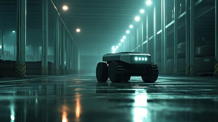 Robot moving through a warehouse at dusk