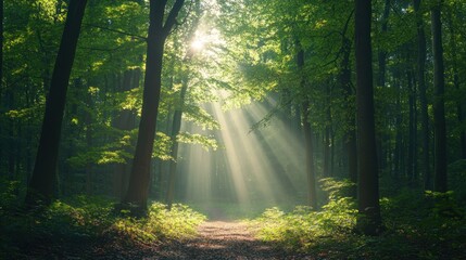 Fototapeta premium Sunlight streams through a dense forest. Sunlight penetrates a verdant woodland path. Sunlight beams through canopy of trees. Perfect setting for nature photography, environmental projects.