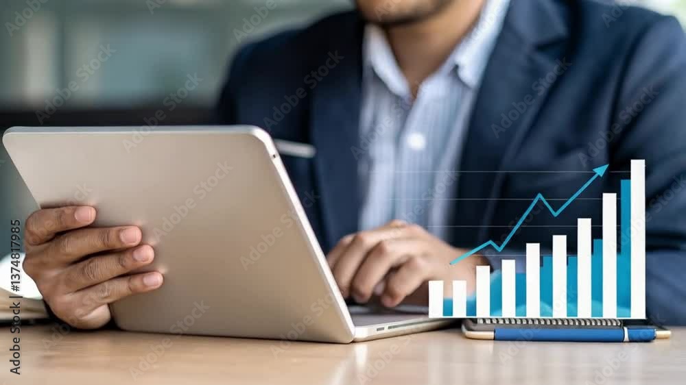 Poster a man in a suit using a laptop with a rising bar graph overlayed on the screen and a pen on the desk