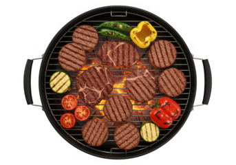 Overhead view of a grill with burgers steaks and vegetables cooking over an open flame on transparent background