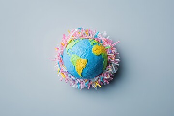 Fototapeta premium A globe surrounded by trash symbolizes environmental contamination and crisis