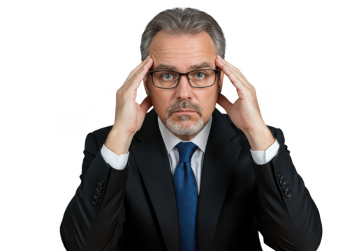 Man in suit with glasses holding his head with both hands looking stressed and concerned expression on transparent background