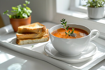 breakfast scene, a white mug filled with soup, a tray of toast on a white table, with a white wall in the background