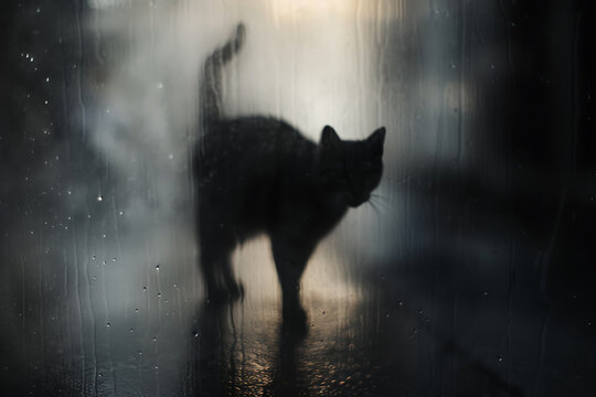 mysterious feline encounter, a shadowy figure of a cat with long, mysterious shadows and a slightly blurred appearance is observed