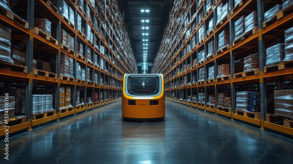 Aufkleber a sleek automated transport vehicle navigates through a spacious warehouse filled with neatly organi
