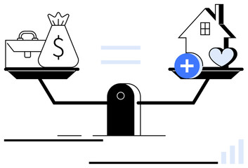 Scale balancing briefcase with money sack against home, heart, and health icon. Ideal for themes thumbs up work-life balance, priorities, decision making, equality, investment, wellness flat simple