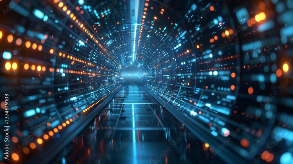 Poster visual representation of data flow in a futuristic digital tunnel illustrating advanced analytics co