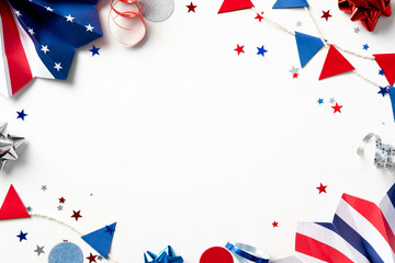 Obraz premium Celebratory patriotic backdrop featuring red, white, and blue stars, ribbons, and fans. Perfect for events like Independence Day, Memorial Day, or national celebrations