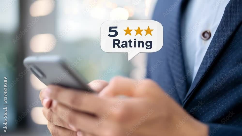 Poster Man in suit holding phone with five star rating bubble displayed on the screen in a bright setting