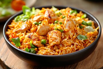 Fototapeta premium Aromatic chicken biryani is presented in a black bowl, garnished with green peas and herbs, creating a appetizing dish perfect for sharing at a meal