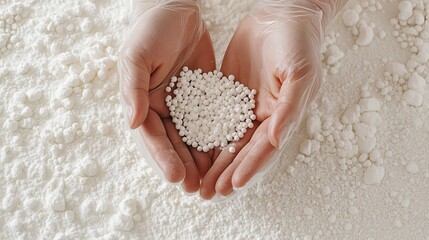 Rubber-gloved hands carefully hold small white beads above a textured white carpet scattered with larger acrylic powder granules.