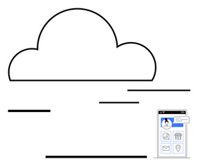 Cloud outline with horizontal lines indicating data flow to a mobile phone interface showcasing user accounts. Ideal for cloud computing, digital storage, data management, technology, networking